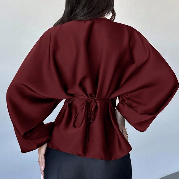 Burgundy Elegant Women's Romantic Round Neck blouse - Picture 2 of 7